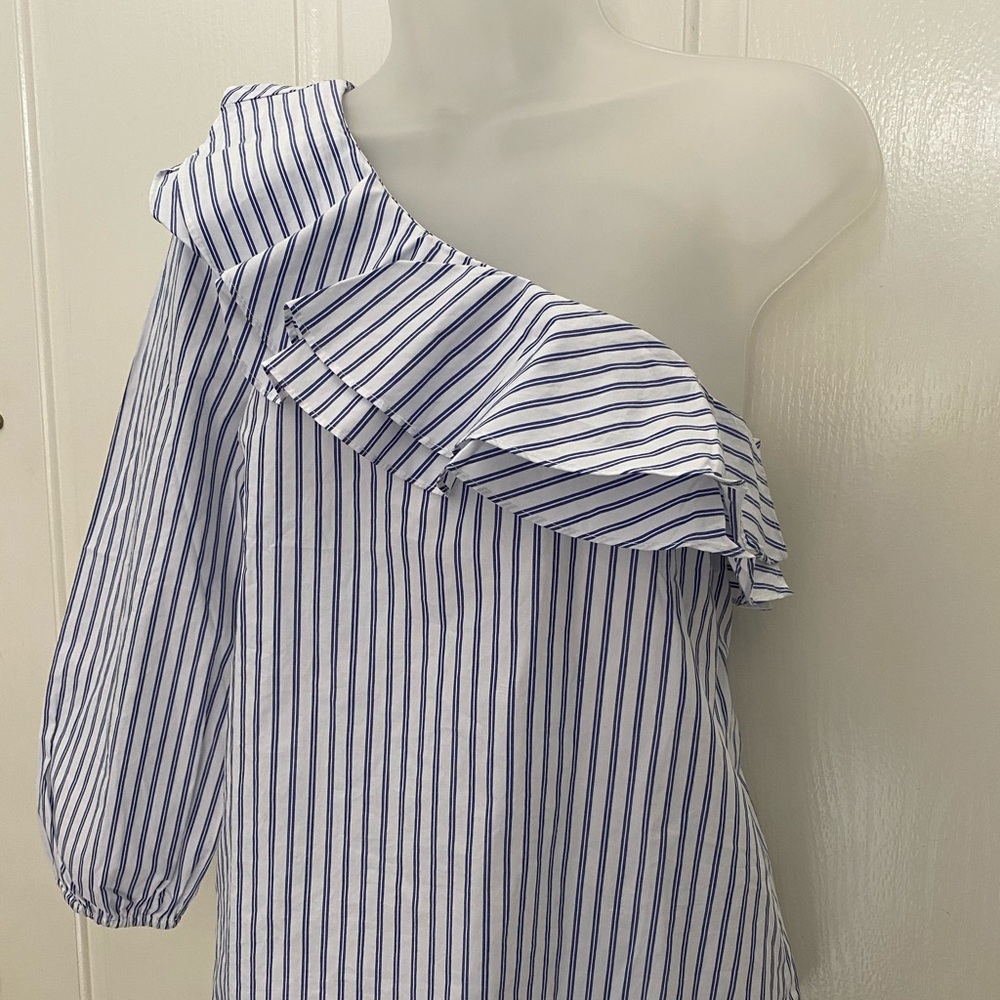 J.CREW Striped One Shoulder Shirt Sz 2 - Picture 2 of 3